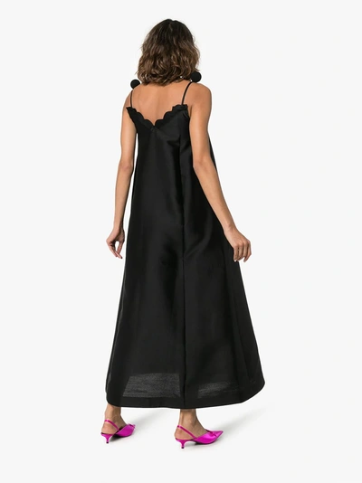 Shop Vika Gazinskaya Scallop-edged Pompom Silk Dress In Black