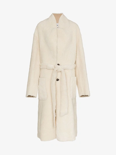 Shop Ambush Single-breasted Belted Shearling Coat In Nude/neutrals