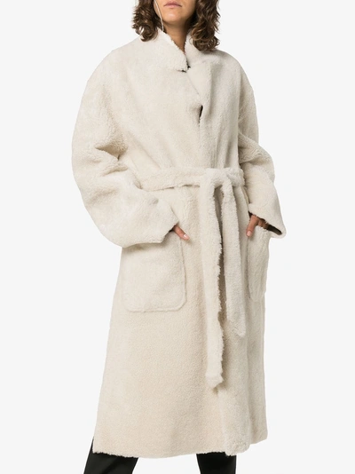 Shop Ambush Single-breasted Belted Shearling Coat In Nude/neutrals