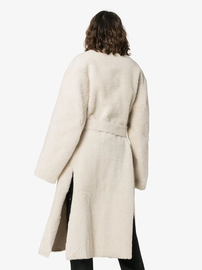 Shop Ambush Single-breasted Belted Shearling Coat In Nude/neutrals