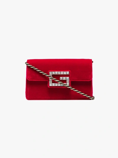 Shop Gucci Red Broadway Velvet Crystal G Shoulder Bag