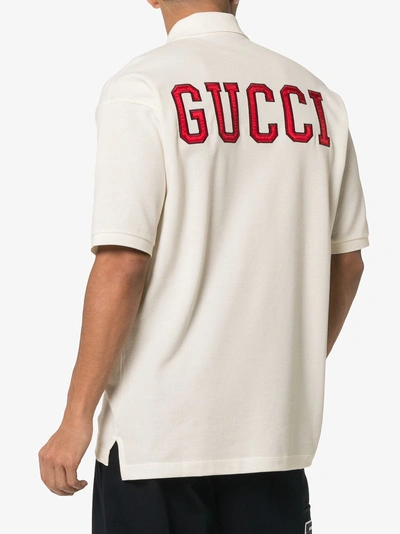 Shop Gucci New York Badge Cotton Polo Shirt In White