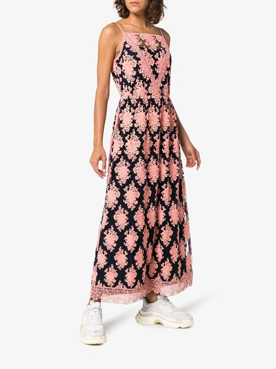 Shop Burberry Floral-embroidered Sleeveless Dress In Pink/purple