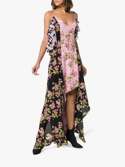 Shop Natasha Zinko Rose Print Silk Maxi Dress In Pink/purple
