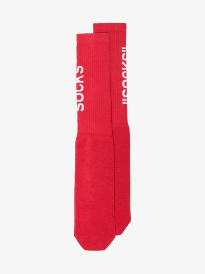 Shop Off-white Quote Print Cotton Socks In Red