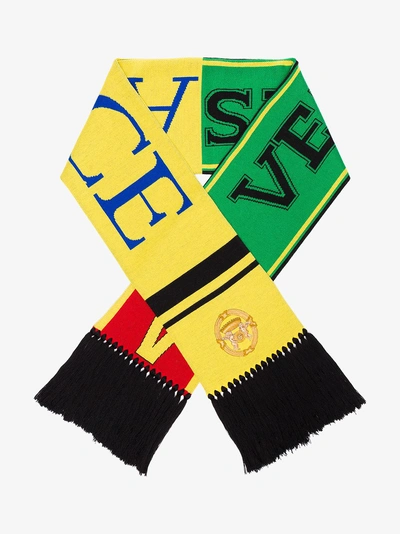 Shop Versace Fringed Logo Scarf In Yellow/orange