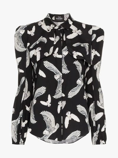 Shop Navro Owl Print Silk Blend Shirt In Black