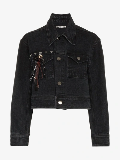 Shop Hyein Seo Studded Crop Denim Jacket In Grey