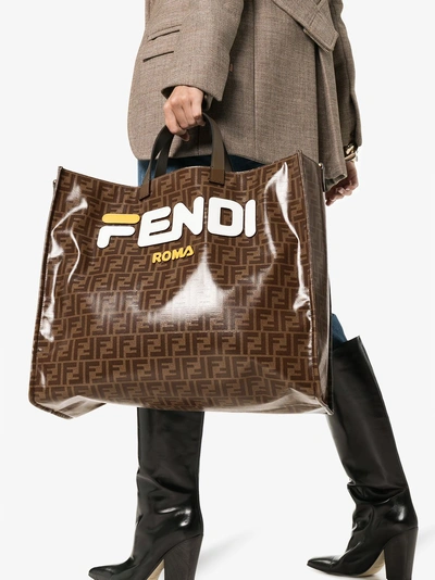 Shop Fendi Mania Brown And White Large Logo Print Tote Bag