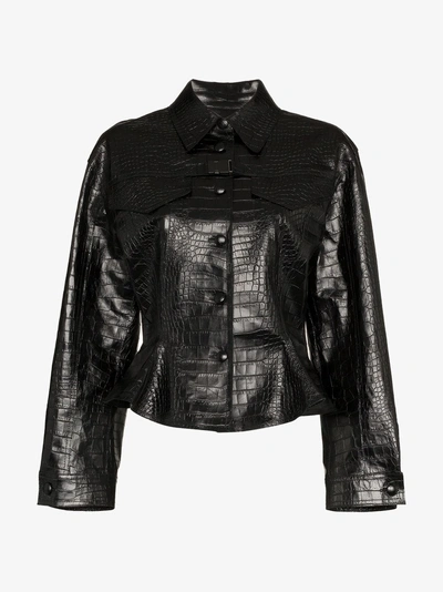 Shop Off-white Cropped Leather Jacket In Black