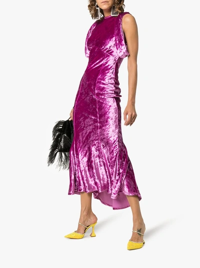Shop Attico Asymmetric Velvet Midi Dress In Pink/purple