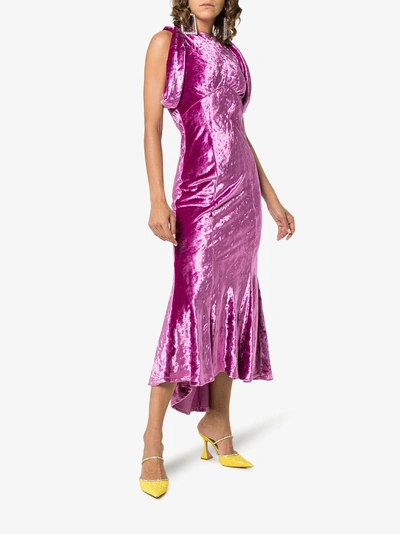 Shop Attico Asymmetric Velvet Midi Dress In Pink/purple