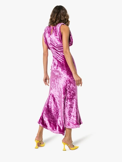 Shop Attico Asymmetric Velvet Midi Dress In Pink/purple