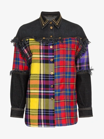 Shop Versace Plaid And Denim Wool Button Down Shirt In Black