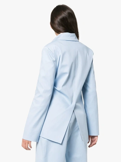 Shop Aleksandre Akhalkatsishvili Asymmetric Side Button Cotton Blazer In Blue