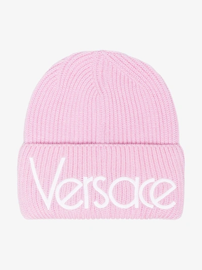 Shop Versace Pink Logo Knit Beanie