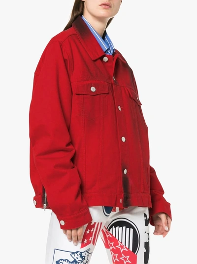 Shop Martine Rose Stained Effect Cotton Denim Jacket In Red
