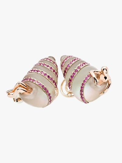 Shop Bibi Van Der Velden 18k Man In Shell Gold And Sapphire Earrings In Pink