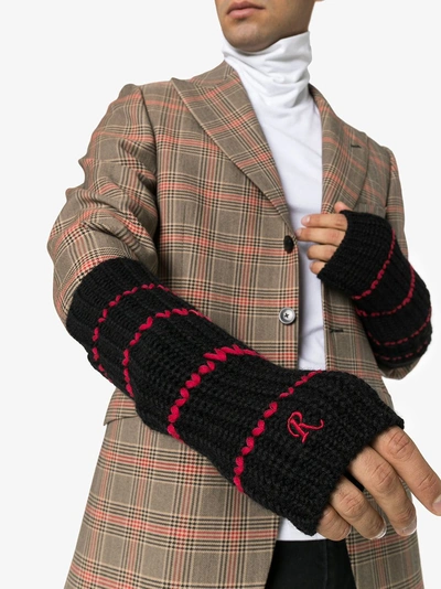 Shop Raf Simons Embroidered Cuff Fingerless Wool Gloves In Black