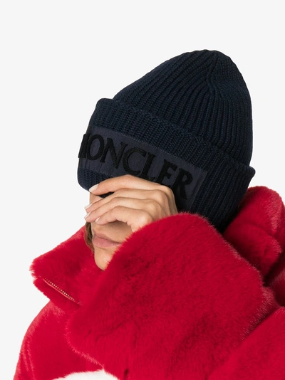 Shop Moncler Navy Logo Beanie In Blue