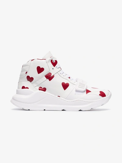 Shop Burberry Heart Print Leather High-top Sneakers In White