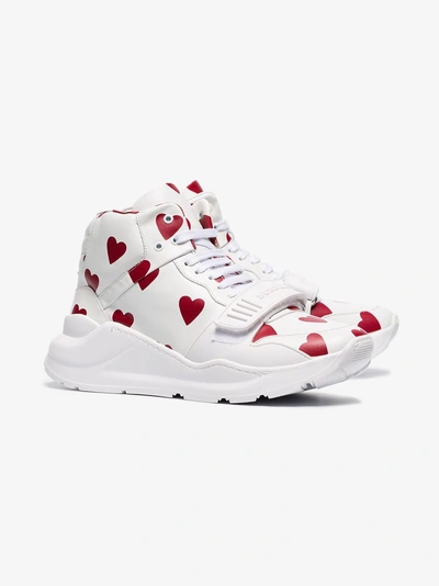 Shop Burberry Heart Print Leather High-top Sneakers In White