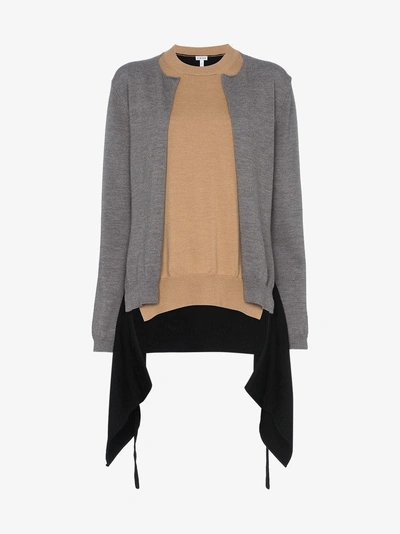 Shop Loewe Double Layer Asymmetric Wool Cardigan In Brown Black Grey