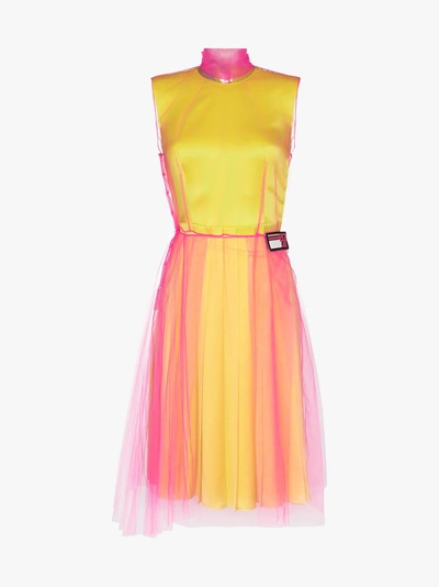 Shop Prada Kleid Mit Tüll-overlay In Yellow