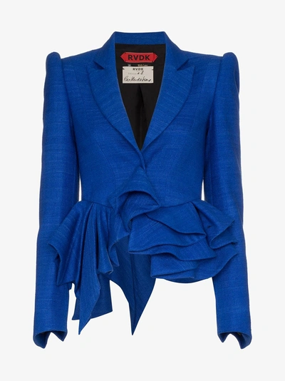 Shop Ronald Van Der Kemp Ruffle Peplum Silk Blazer In Cobalt Blue