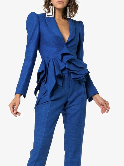 Shop Ronald Van Der Kemp Ruffle Peplum Silk Blazer In Cobalt Blue