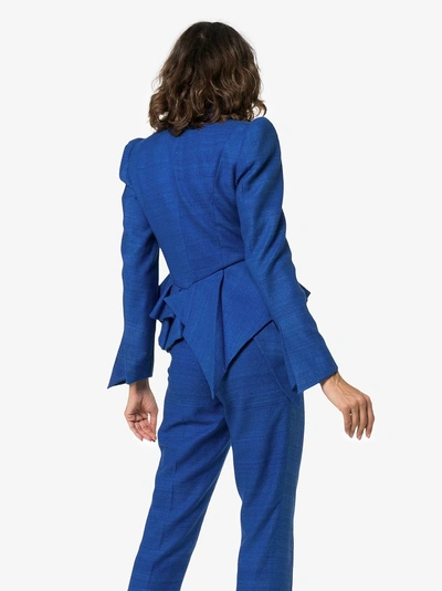 Shop Ronald Van Der Kemp Ruffle Peplum Silk Blazer In Cobalt Blue