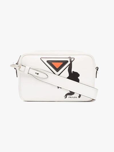 Shop Prada White Monkey Logo Print Leather Shoulder Bag