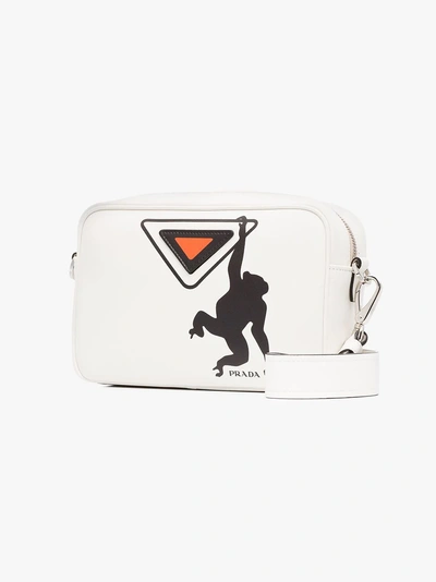 Shop Prada White Monkey Logo Print Leather Shoulder Bag