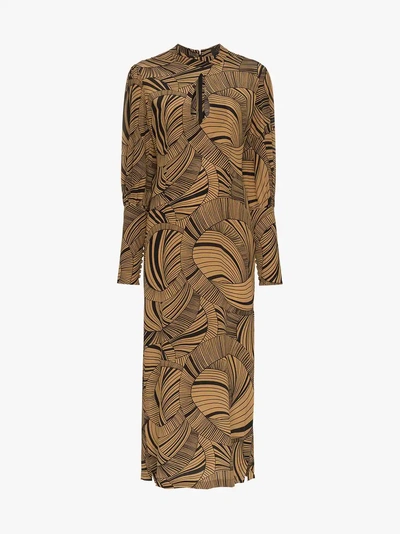 Shop De La Vali Jane Dizzy Print Keyhole Silk Dress In Brown