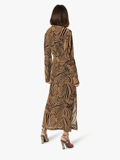 Shop De La Vali Jane Dizzy Print Keyhole Silk Dress In Brown