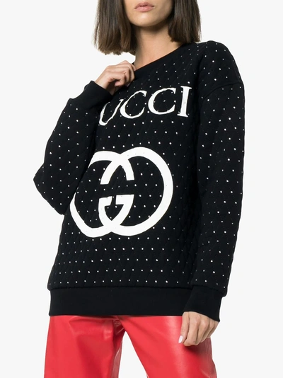 Shop Gucci Embellished Quilted Cotton Logo Sweatshirt In Black