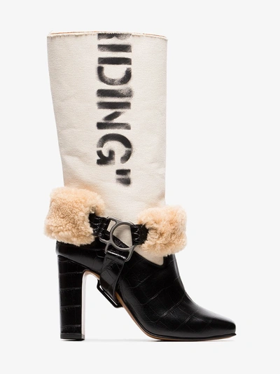 Shop Off-white Beige For Riding Print Canvas Shearling Boots In Neutrals