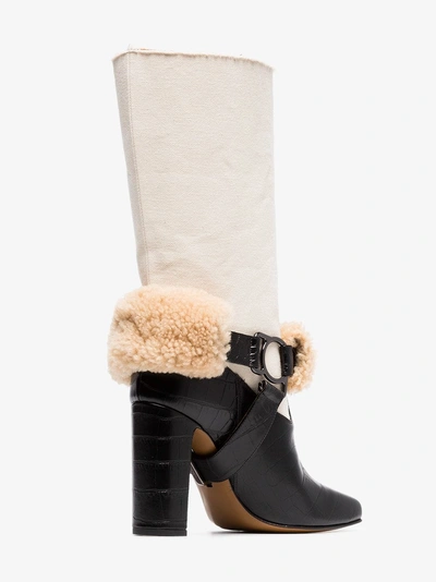 Shop Off-white Beige For Riding Print Canvas Shearling Boots In Neutrals