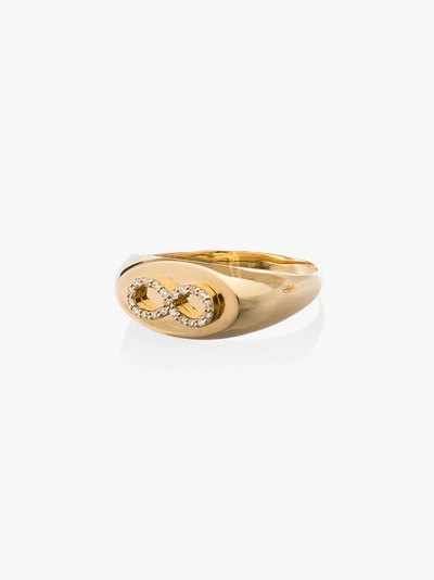 Shop Foundrae 18k Yellow Gold Infinity Baby Diamond Signet Ring In Metallic