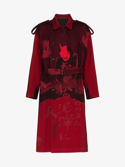 Shop Yohji Yamamoto Female Print Wool Blend Trench Coat In Red