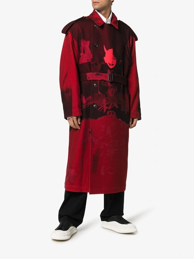 Shop Yohji Yamamoto Female Print Wool Blend Trench Coat In Red