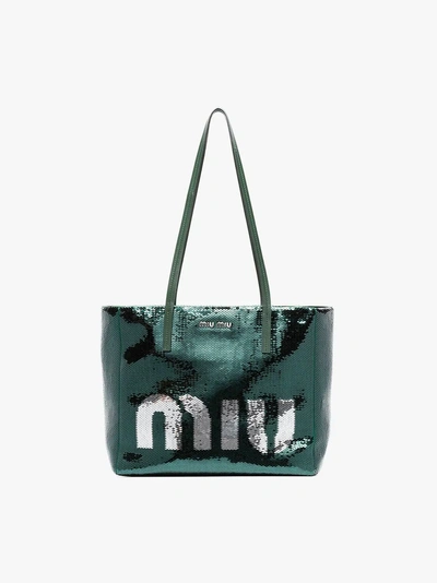 Shop Miu Miu Emerald Green Logo Sequin Tote Bag