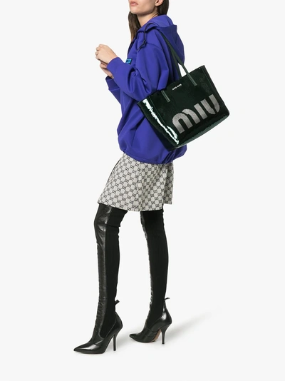 Shop Miu Miu Emerald Green Logo Sequin Tote Bag