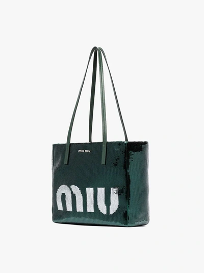Shop Miu Miu Emerald Green Logo Sequin Tote Bag