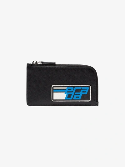 Shop Prada Black And Blue Saffiano Credit Card Holder