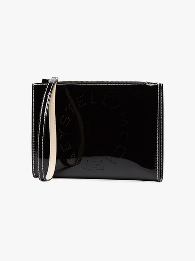 Shop Stella Mccartney Black Logo Print Faux Leather Zip Clutch Bag