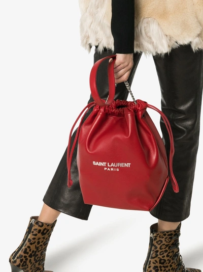 Shop Saint Laurent Red Pochon Logo Print Leather Drawstring Shoulder Bag