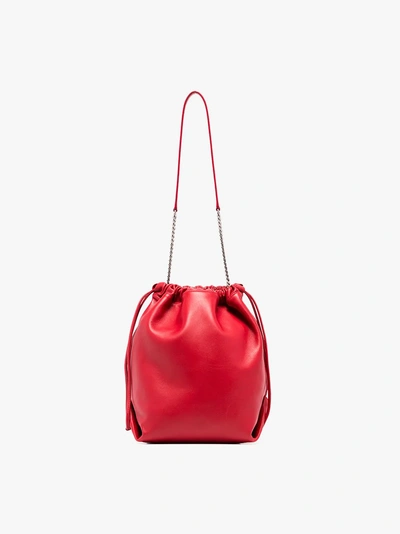 Shop Saint Laurent Red Pochon Logo Print Leather Drawstring Shoulder Bag