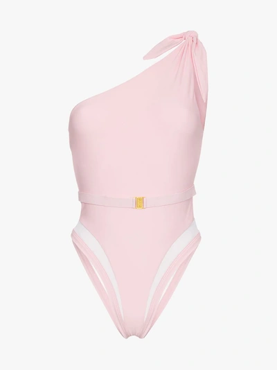 Shop Ambra Maddalena Posey One Shoulder Belted Swimsuit In Pink