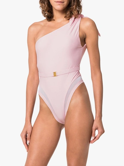 Shop Ambra Maddalena Posey One Shoulder Belted Swimsuit In Pink